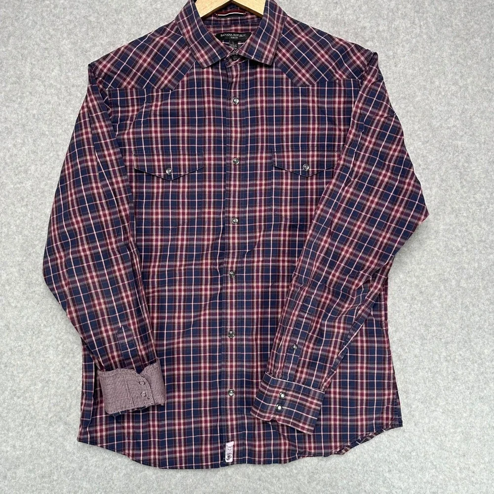 Banana Republic Mens Slim Fit Western Plaid Snap Front Shirt Navy Burgundy Large